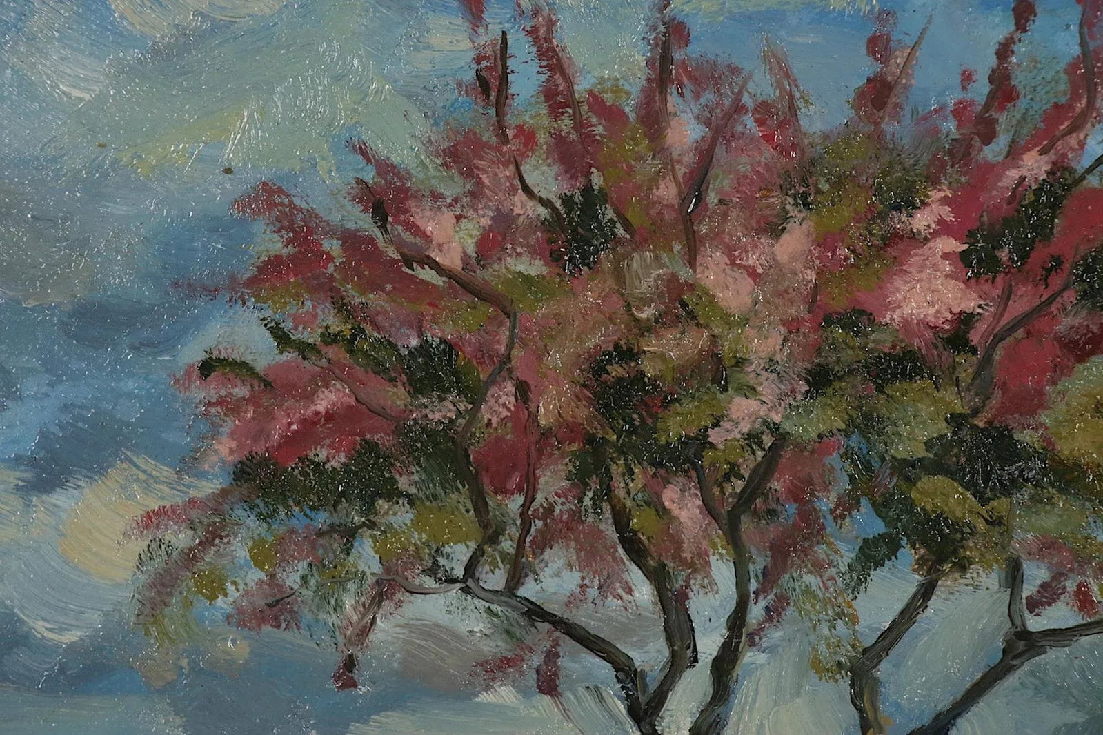 Original Oil Painting-Signed-Kaz Ooka-Hawaii Streetscape-"Street With Pink Trees" - 3