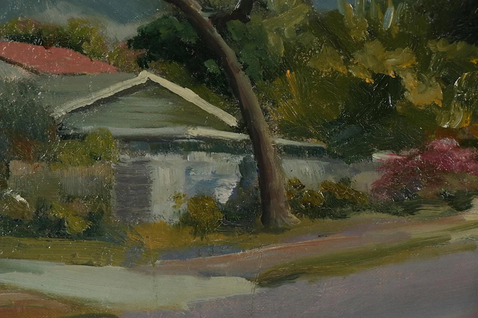 Original Oil Painting-Signed-Kaz Ooka-Hawaii Streetscape-"Street With Pink Trees" - 4