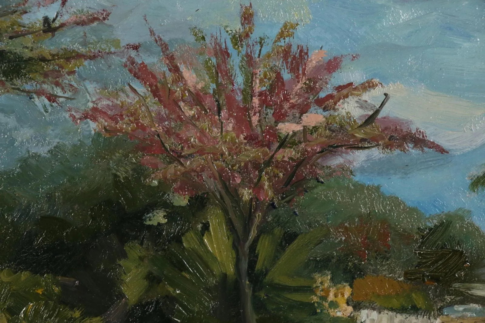 Original Oil Painting-Signed-Kaz Ooka-Hawaii Streetscape-"Street With Pink Trees" - 5
