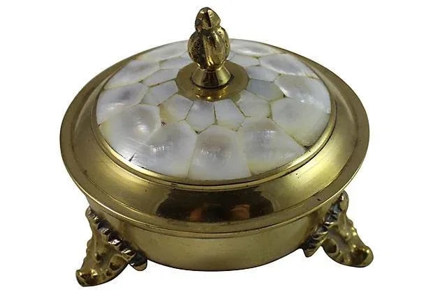 Victorian Mother of Pearl Lid Box: Victorian era gold plated metal box with mother of pearl lid. Purchased in England. Some wear. Condition: Condition Notes: Good - Moderate wear and tear, but still has good years left Materials &
