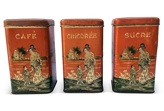 Chinoserie Coffee Canisters - S/3: Set of three canisters for coffee, sugar, and tea. Made in Holland. Purchased in France. Measurement is per canister. Condition: Condition Notes: Good - Moderate wear and tear, but still has good