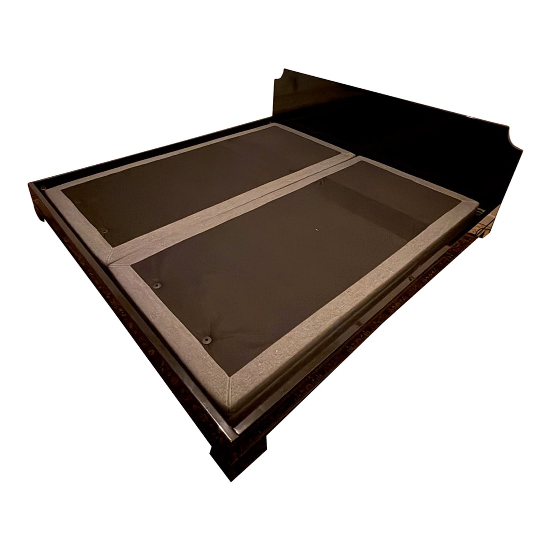 Roche Bobois 1980's Black Lacquered Pekino Bed: This stunning Roche Bobois bed set from the 1980s captures the era's fascination with East-meets-West sophistication. Designed at a time when the French luxury brand was exploring lacquered finishes,