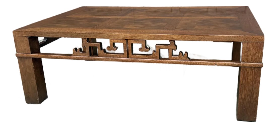1970s Henredon Walnut Asian Coffee Table: A beautifully crafted walnut coffee table by Henredon, blending refined mid-century lines with bold decorative character. The squared silhouette features a rich parquet veneer top framed by clean