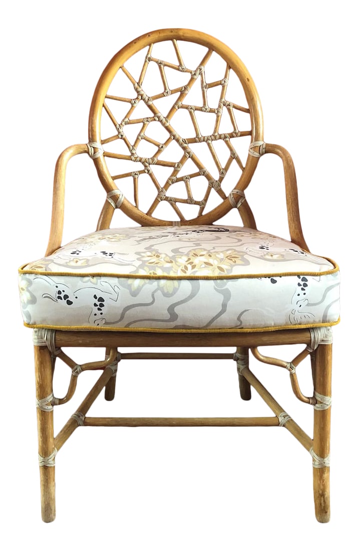 Late 20th Century Cracked Ice McGuire Chair: Beautiful Cracked Ice Chair by McGuire. The seat cushion is covered in a lovely Antelope pattern of gray, cream and gold. The welting is gorgeous gold colored velvet. Condition: Alterations: Original
