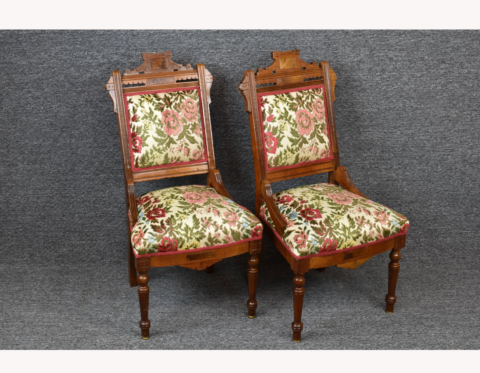 Vintage Victorian Eastlake Walnut Carved Burlwood Accent Chairs - a Pair - 4