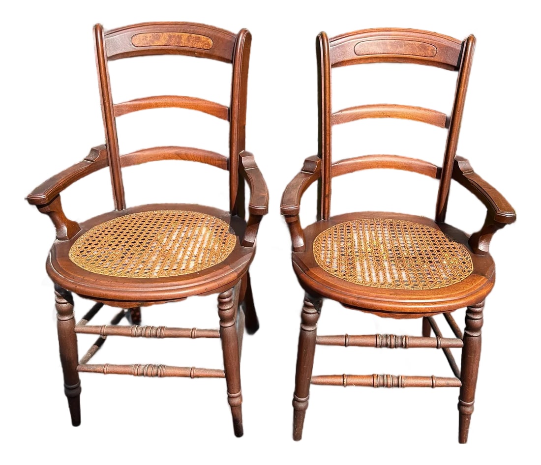Pair of Late 19th Century Victorian Walnut Burl Wood Chairs: Brauttful pair of Victorian walnut burl wood chairs. Hand caned bottoms, sturdy farmhouse chairs. Each measures 19.6" w x 18"d x 35"h Seat height 18" , arm 22.5". Late 19 th Century Thank you! Conditi