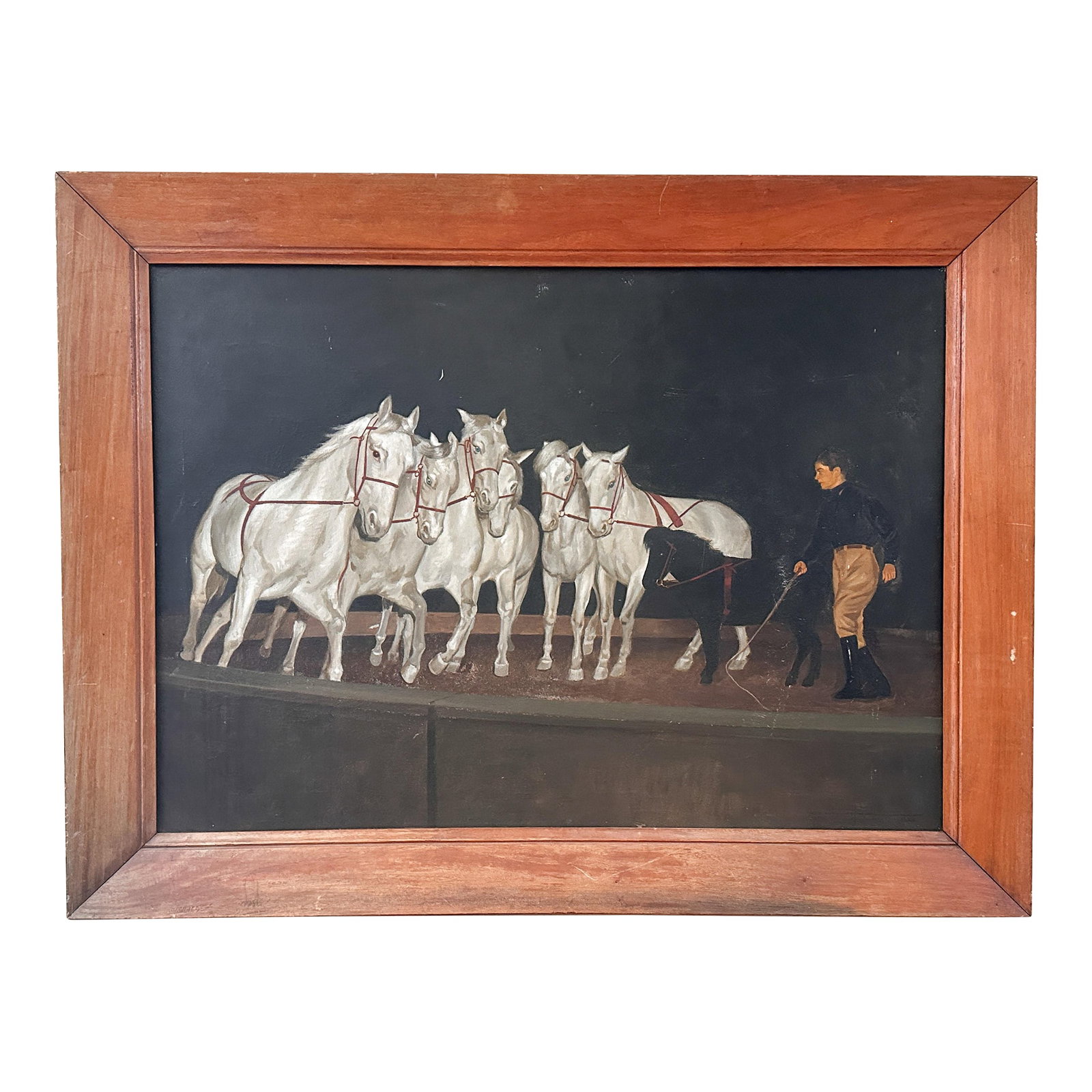1953 Crispin Villafuerte Lopez Oil on Canvas White Horses and Trainer Large Figurative Landscape Fra: Original oil on canvas by Crispin Villafuerte Lopez, a listed artist. Dated under signature at right 1953. A Night scene, a horse ring, a pack of white horses, a trainer and a small black pony.