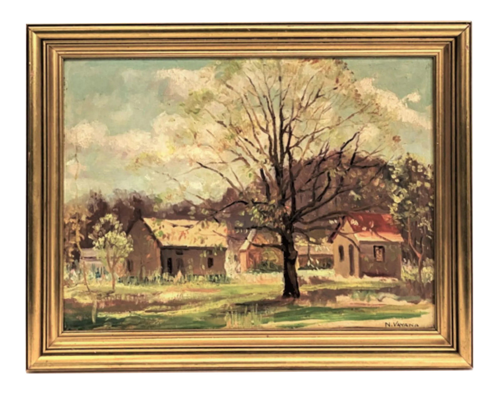 Nunzio Vayana Landscape Oil Painting, Framed: A lovely painting by Nunzio Vayana depicting a farm house with out buildings, painted on canvas board. This was given to Pricilla Perkins Sweet as a wedding gift in 1957 by Nunzio Vayana. (see back of