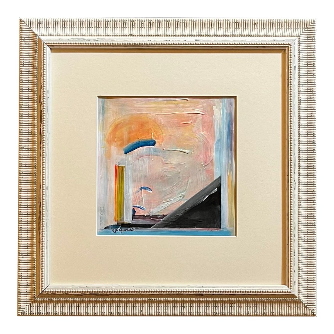 Abstract Expressionist Painting, 'Harbor': Abstract expressionist painting on heavyweight vellum paper titled Harbor by Satori Gregorakis. Painting consists of a vibrant mix of colors and geometric shapes creating an abstract composition
