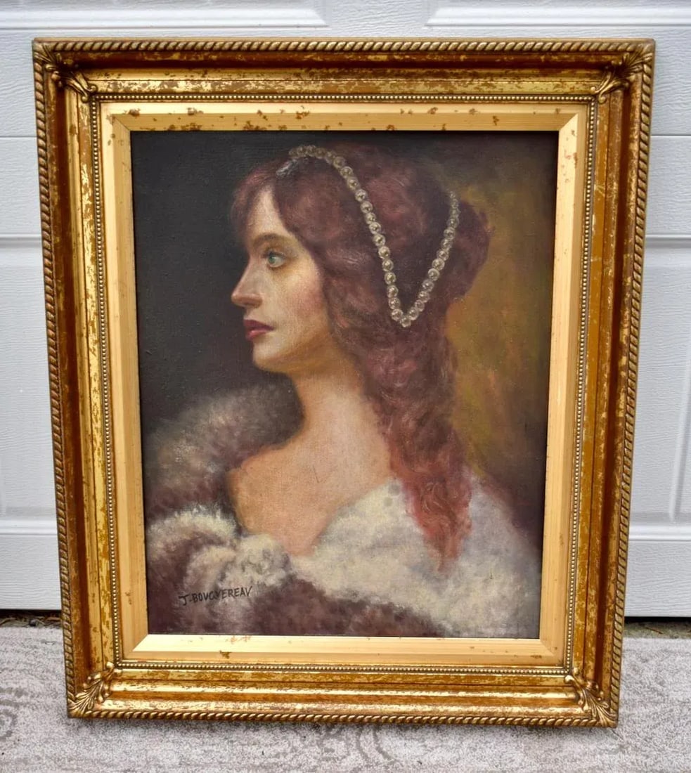 J Bovgvereau Oil Painting Antique Canvas Portrait Fine Art Woman Gilt Frame Sign - 12