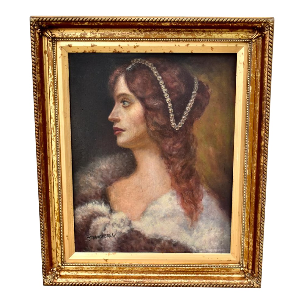 J Bovgvereau Oil Painting Antique Canvas Portrait Fine Art Woman Gilt Frame Sign: Antique (late 19th Century) Oil Painting. Portrait of a Woman. Oil On canvas. Wood Frame / Wood Backing. Signed J.Bovgvereau. The Measurements: 22"W x 1.5"D x 27"H. Flat Rate Shipping $ 79 Includes In