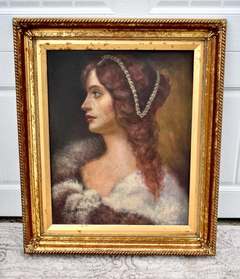 J Bovgvereau Oil Painting Antique Canvas Portrait Fine Art Woman Gilt Frame Sign - 2