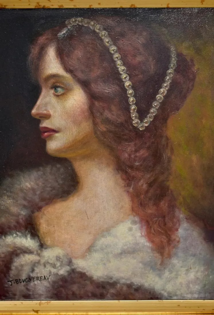 J Bovgvereau Oil Painting Antique Canvas Portrait Fine Art Woman Gilt Frame Sign - 3