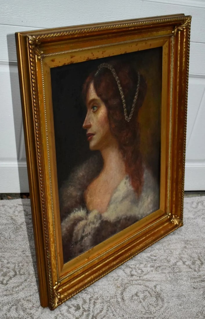 J Bovgvereau Oil Painting Antique Canvas Portrait Fine Art Woman Gilt Frame Sign - 9