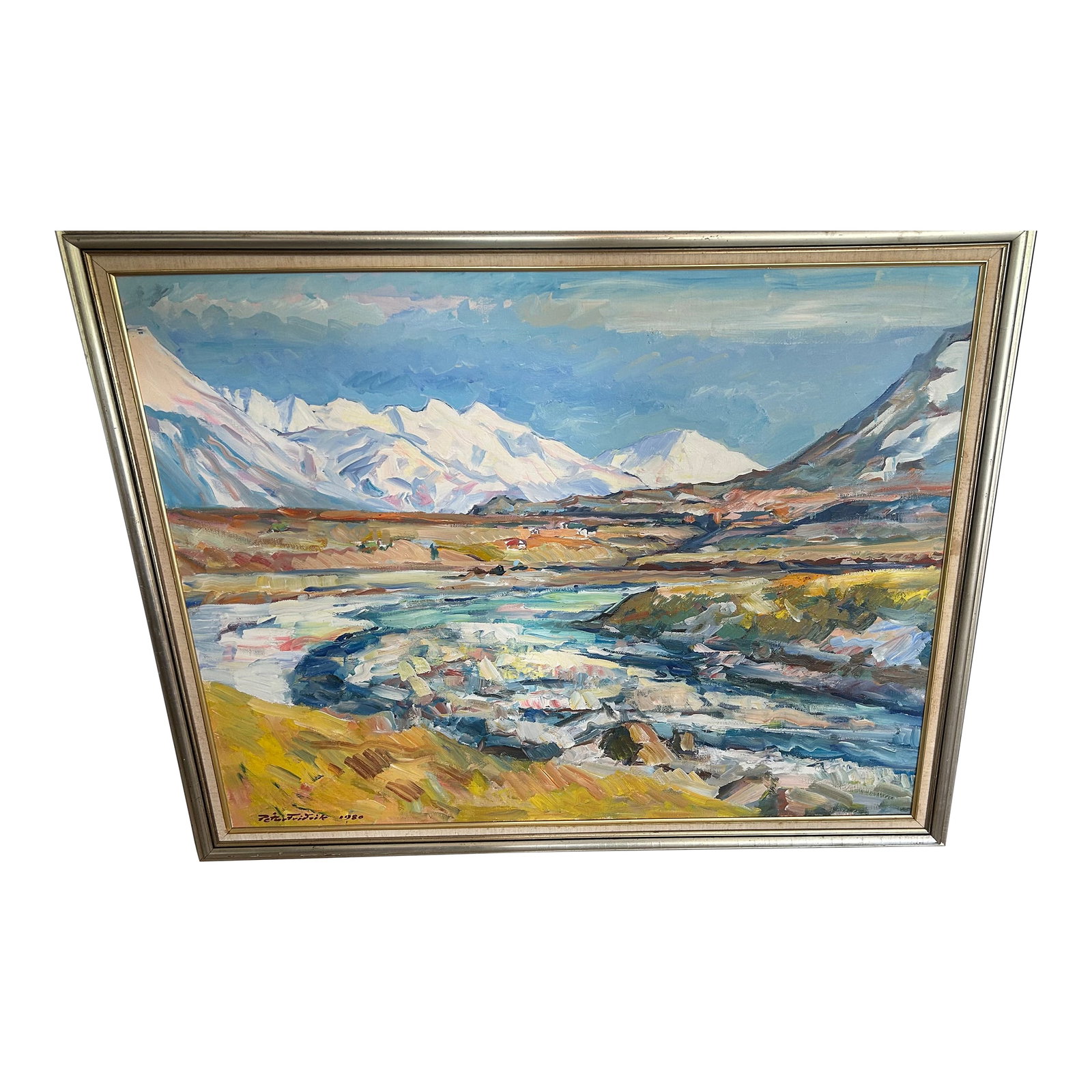 1980s Pastoral Painting of Iceland: A signed large colorful pastoral picture of iceland and river in reykjavik by painter Petur Fridrik 1980. colors are bold and alive. painting is framed with a silver wood frame. Condition: Alterations