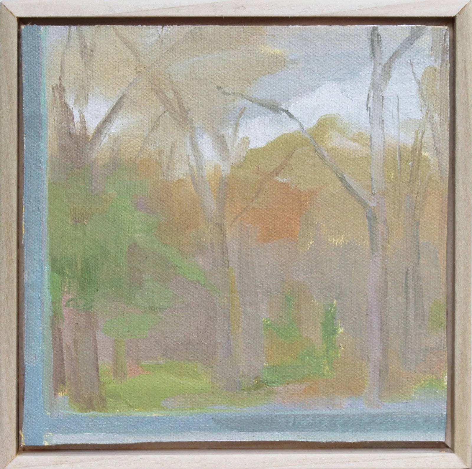 Contemporary Landscape Sketch by Michelle Farro, Framed: This is an original painting, studied en plein air. The landscape painting is ready to hang in a handcrafted wood frame. In the late afternoon, I watch the sun go down behind this set of trees. A vast