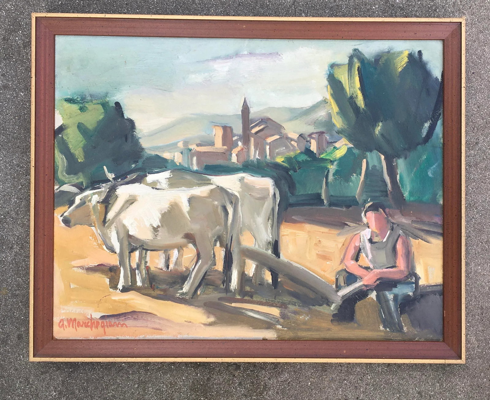 1930's Italian "Oxen in Countryside" Plein Air Oil Painting by Armando Marchergiani, Framed - 11