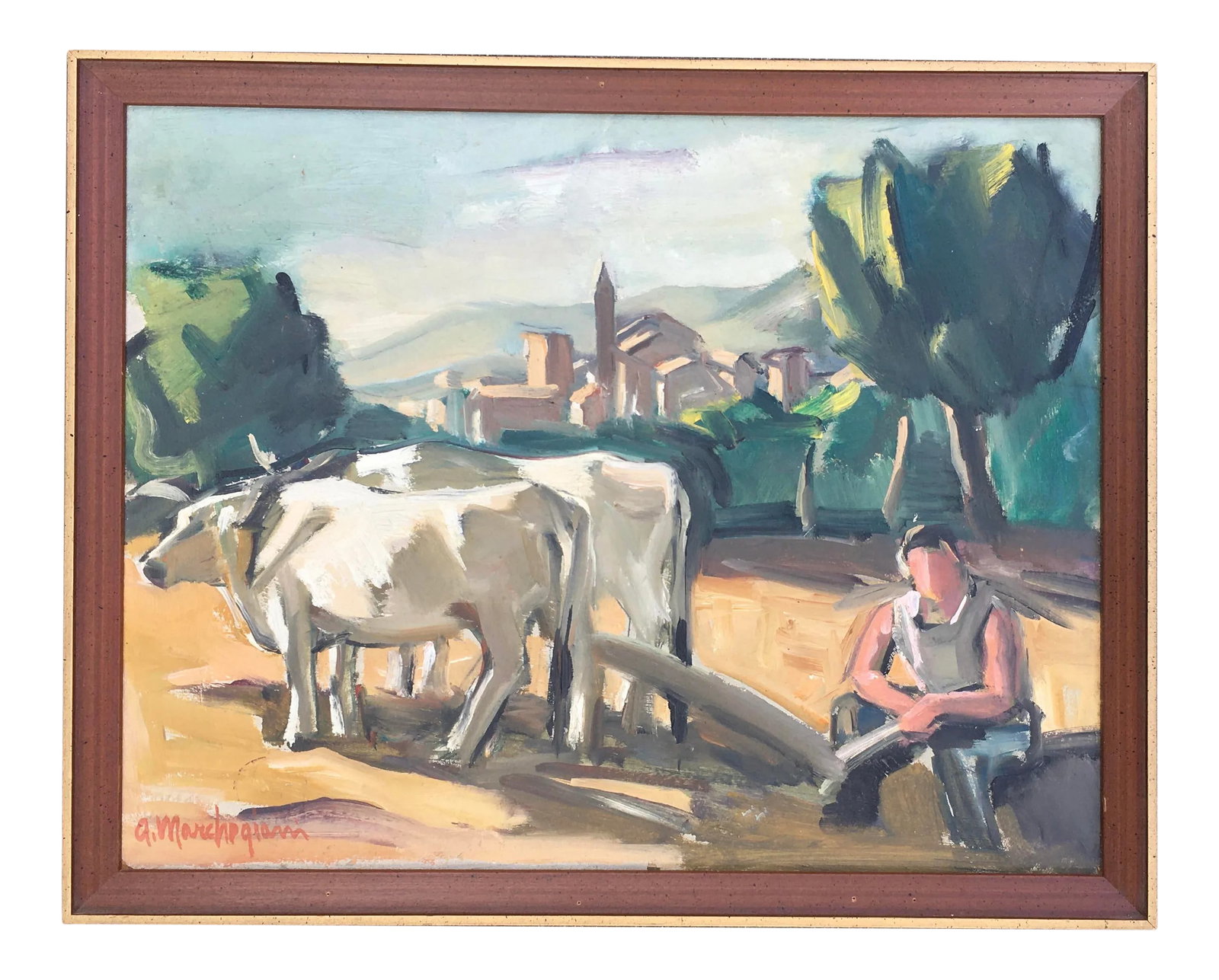 1930's Italian "Oxen in Countryside" Plein Air Oil Painting by Armando Marchergiani, Framed (1 of 12)