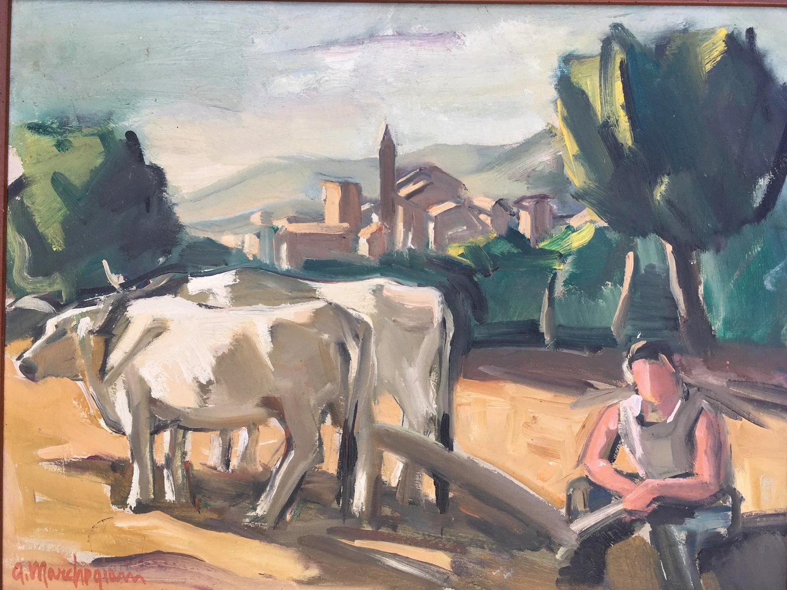 1930's Italian "Oxen in Countryside" Plein Air Oil Painting by Armando Marchergiani, Framed - 2
