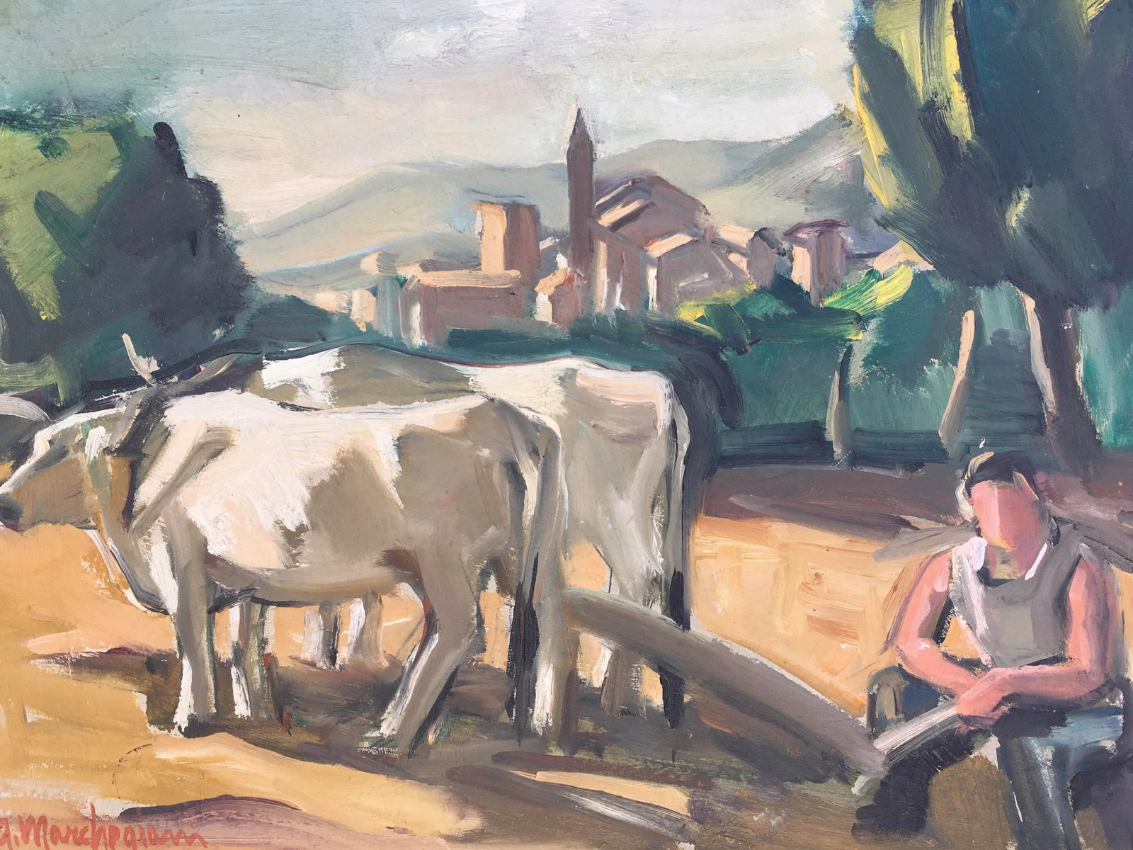 1930's Italian "Oxen in Countryside" Plein Air Oil Painting by Armando Marchergiani, Framed - 8