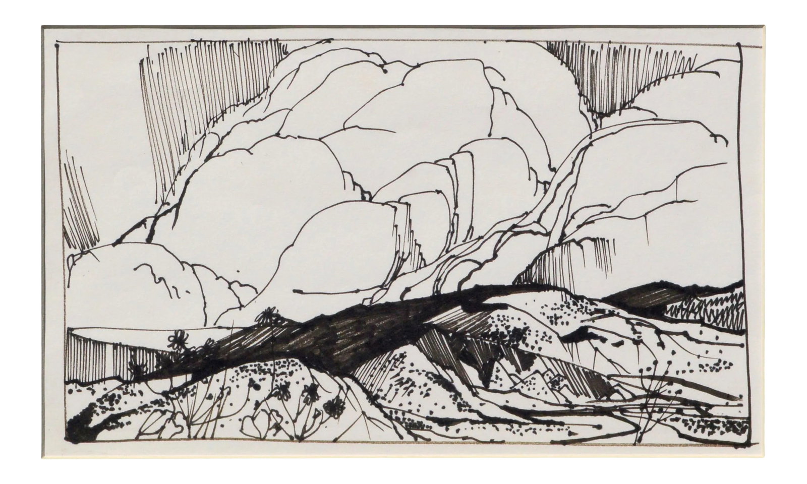 "Big Cloud Landscape" Impressionist Maker Illustration by Laurence Sisson circa 1960s: Bold landscape with big clouds by by listed Maine artist Laurence Sisson (American, 1928-2015). This piece is unsigned, but was acquired from David Sisson, the artist's son (intialed D.S.) Presented