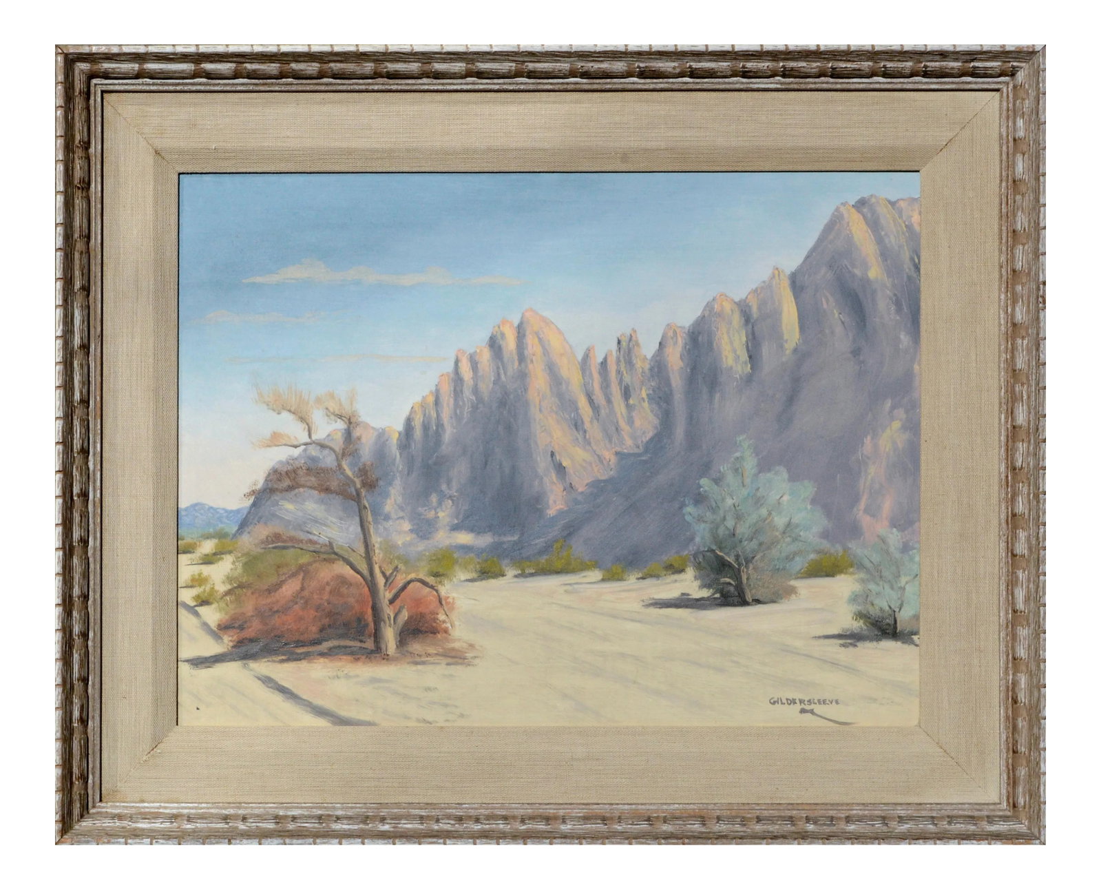Beatrice Gildersleeve Mountains and the Desert - Landscape Circa 1920s: Serene desert landscape with mountains in the background by Beatrice Gildersleeve (American, 1892 - 1933). Signed "GILDERSLEEVE" in the lower right corner. Presented in a wood frame with a linen fille