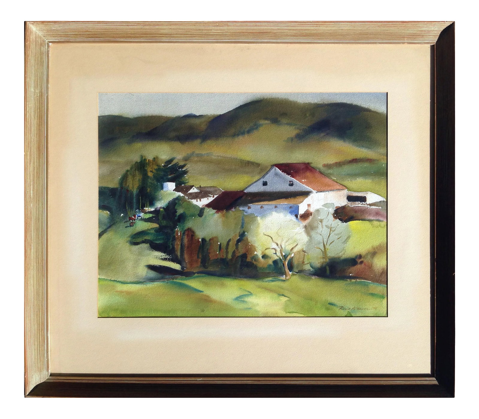 1946 Country House Landscape Watercolor Painting by Rene Weaver, Framed: Vivid watercolor of a country house and grove of trees in a rural landscape of rolling green hills, with farm animals in the distance, by California artist Rene Weaver (American, 1897-1984). Signed an
