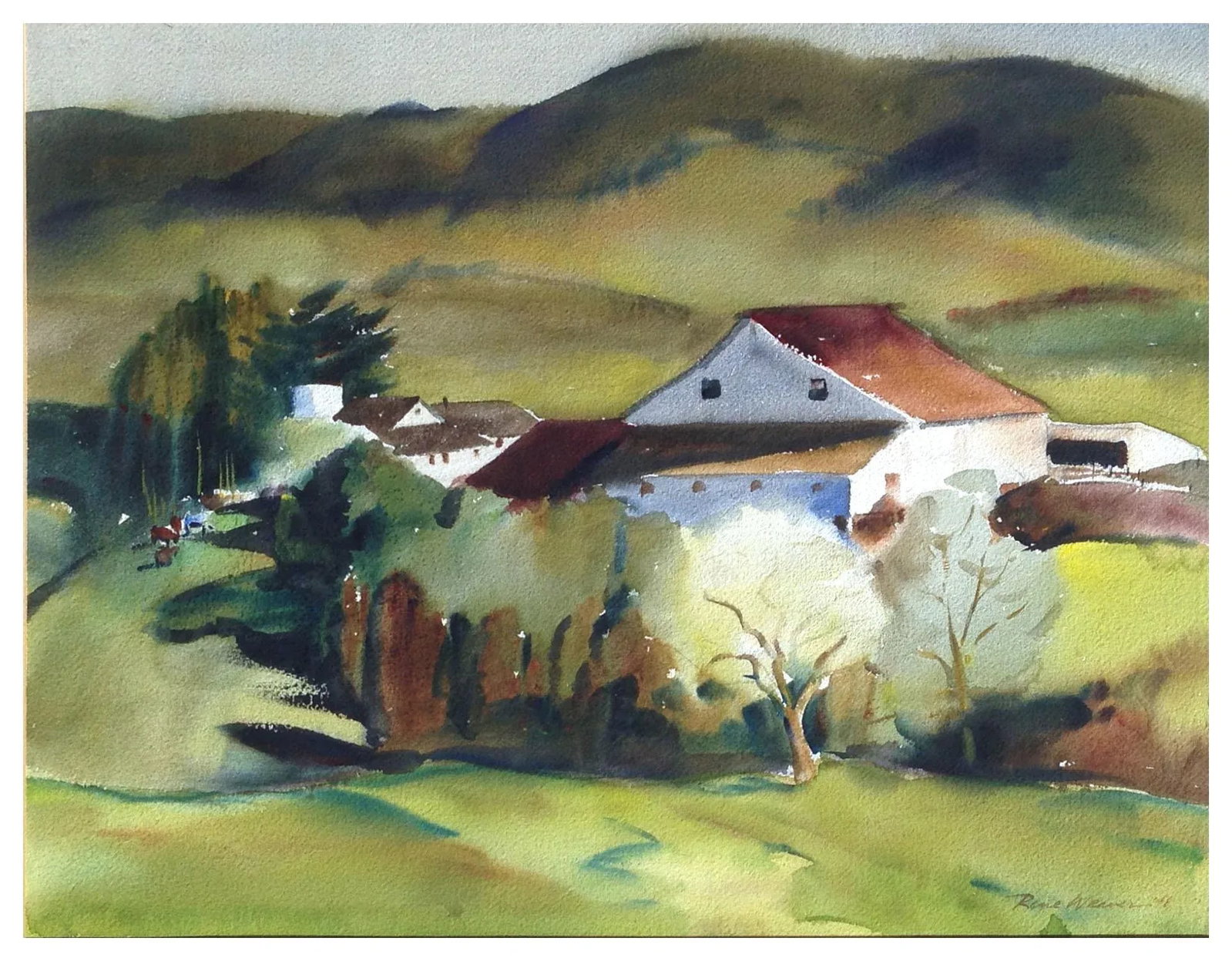 1946 Country House Landscape Watercolor Painting by Rene Weaver, Framed - 2