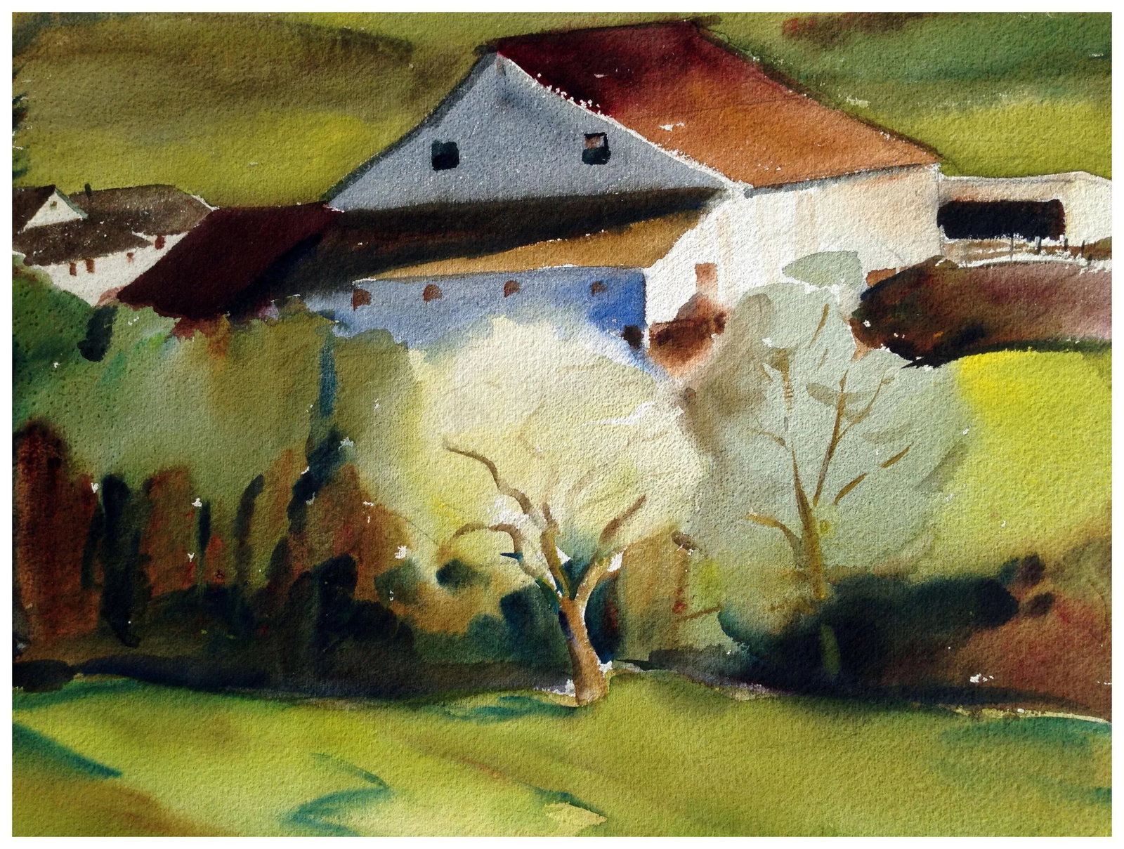 1946 Country House Landscape Watercolor Painting by Rene Weaver, Framed - 3