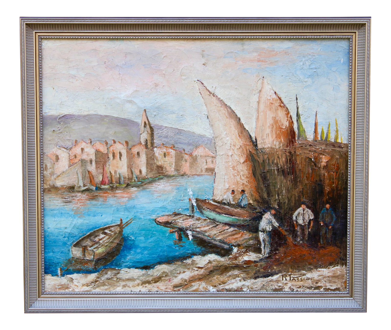 Antique French Signed Original Sailboat Oil Painting: A beautiful harbor, sailboat painting from France, circa 1920. Signed "R Passade" lower right. This lovely antique oil painting is an excellent execution with thick paint texture on the surface. There