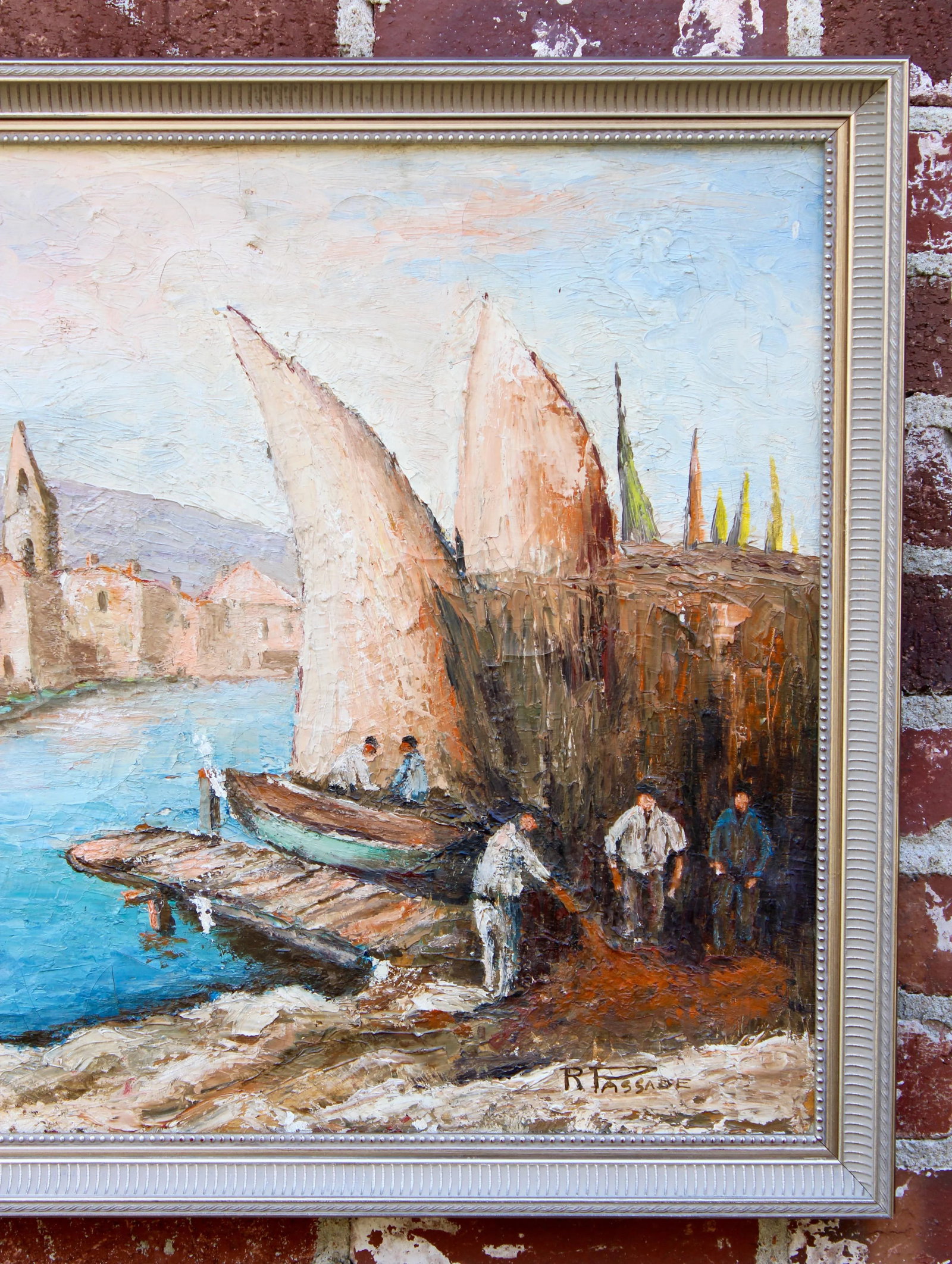 Antique French Signed Original Sailboat Oil Painting - 2