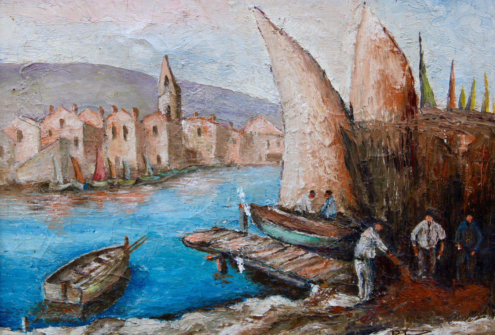 Antique French Signed Original Sailboat Oil Painting - 8