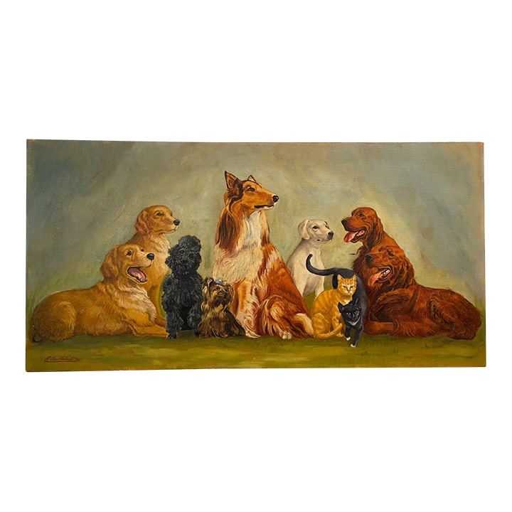 Eileen Ward Dogs Cats Gathering Signed Oil on Canvas: The colors, are magnificent. The conversation and gathering of Dogs and Cats. Created and signed by Eileen Ward on stretched canvas. On wood stretcher , Unframed and best to be displays with or
