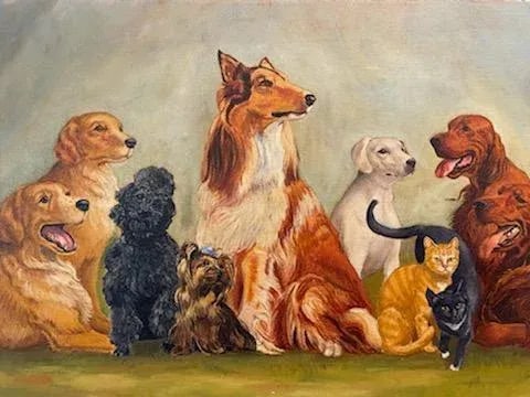 Eileen Ward Dogs Cats Gathering Signed Oil on Canvas - 2