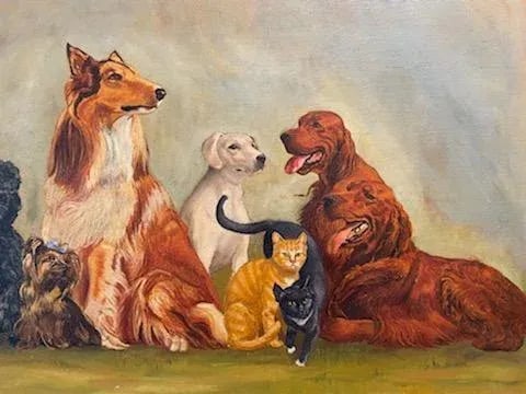 Eileen Ward Dogs Cats Gathering Signed Oil on Canvas - 3