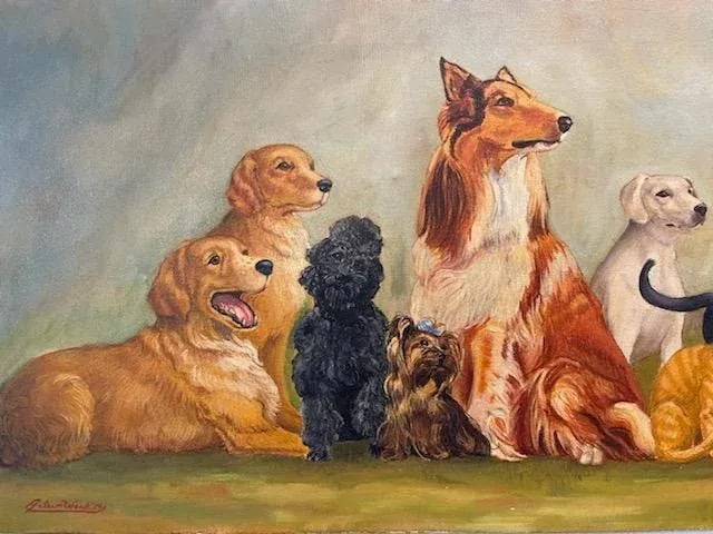Eileen Ward Dogs Cats Gathering Signed Oil on Canvas - 4