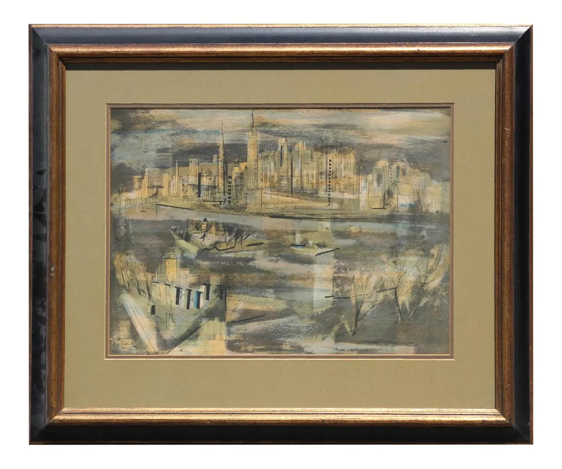 1950s "Manhattan Nocturne" Cubist New York City Landscape Lithograph: Auto-lithograph titled "Manhattan Nocturne" by artist Frederich Franck. The print is framed in a black and gold frame with a tan matte. Dimensions Without Frame: H 17 in x W 23 in. Artist Biography: F