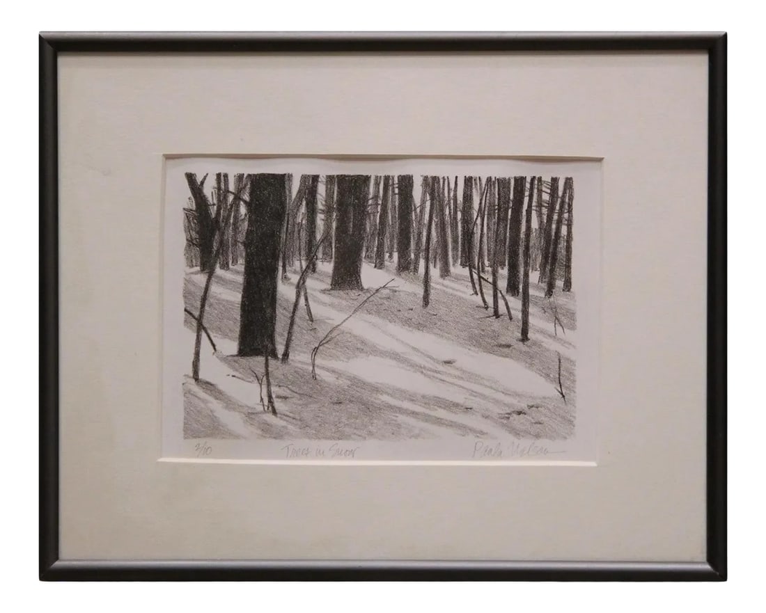 Mid 20th Century "Trees in Snow" Black and White Winter Landscape Lithograph 2/10 (1 of 6)