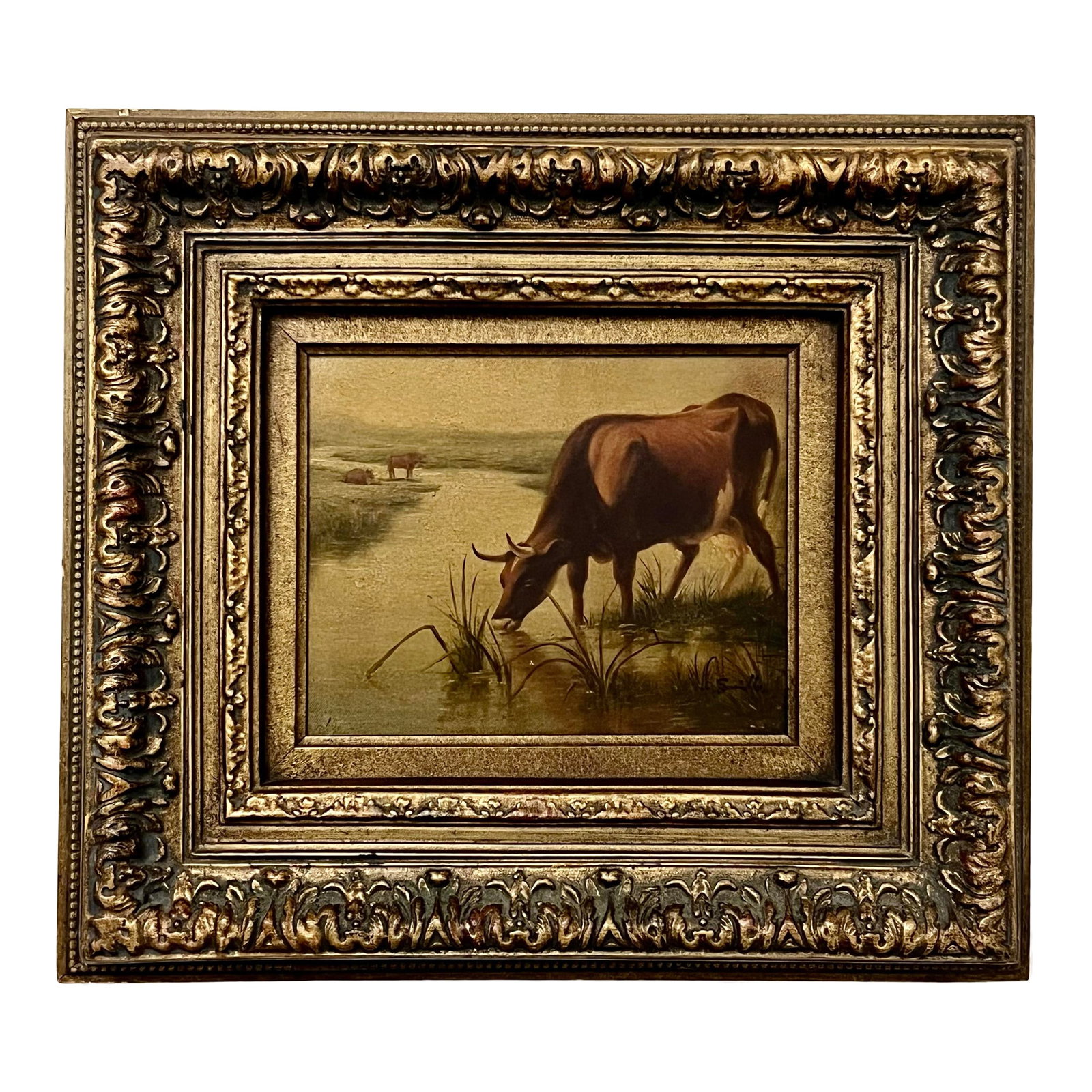 Vintage Pastoral Landscape Cows Painting, Framed: Beautiful vintage painting on canvas, muted pastoral landscape style with drinking cow. It is signed but can't make out what the signature says. While it is done in the style of an antique European