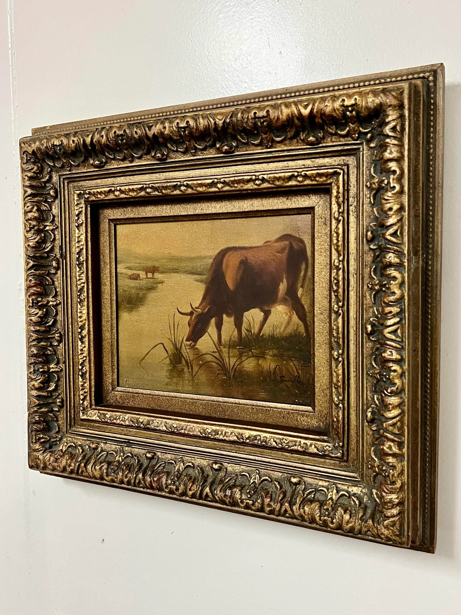 Vintage Pastoral Landscape Cows Painting, Framed - 4