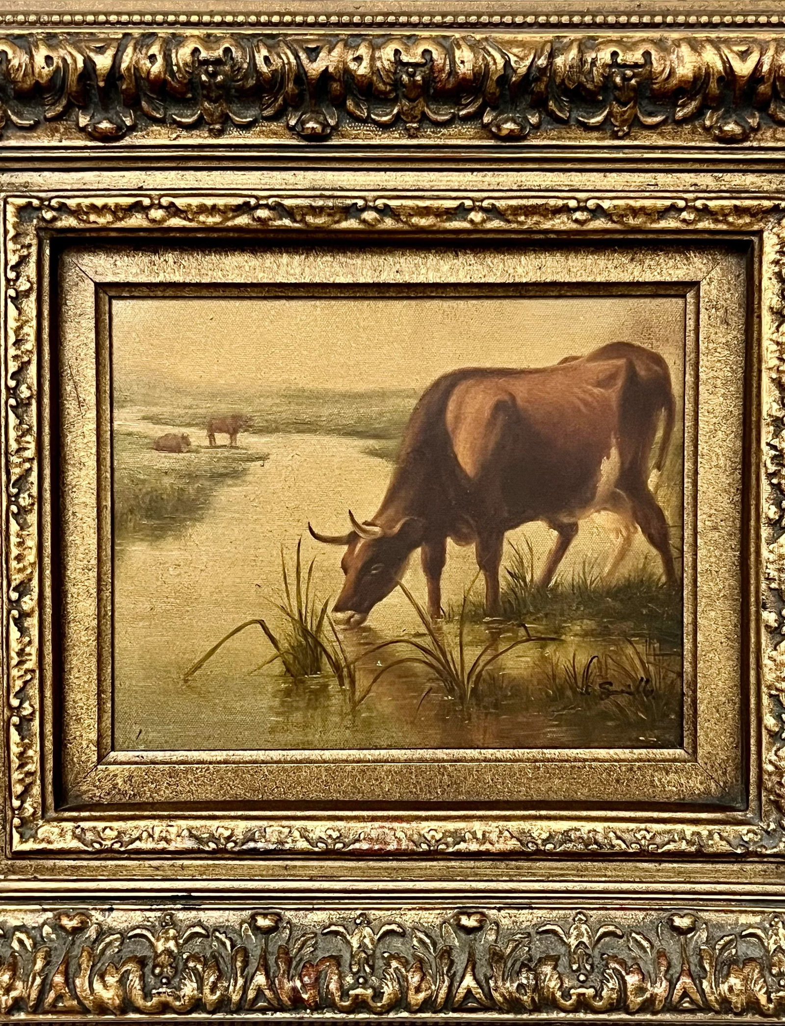 Vintage Pastoral Landscape Cows Painting, Framed - 6