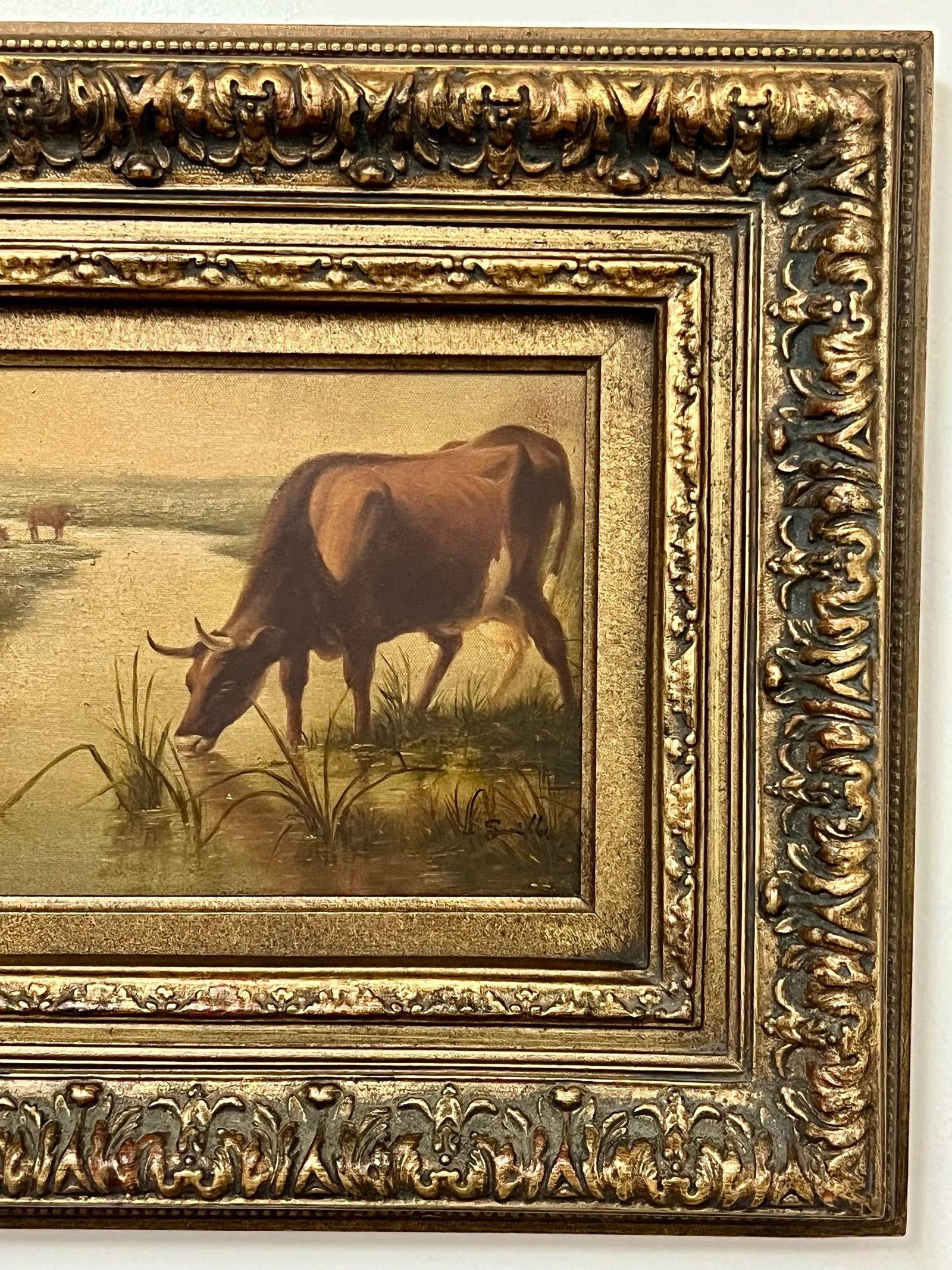 Vintage Pastoral Landscape Cows Painting, Framed - 7