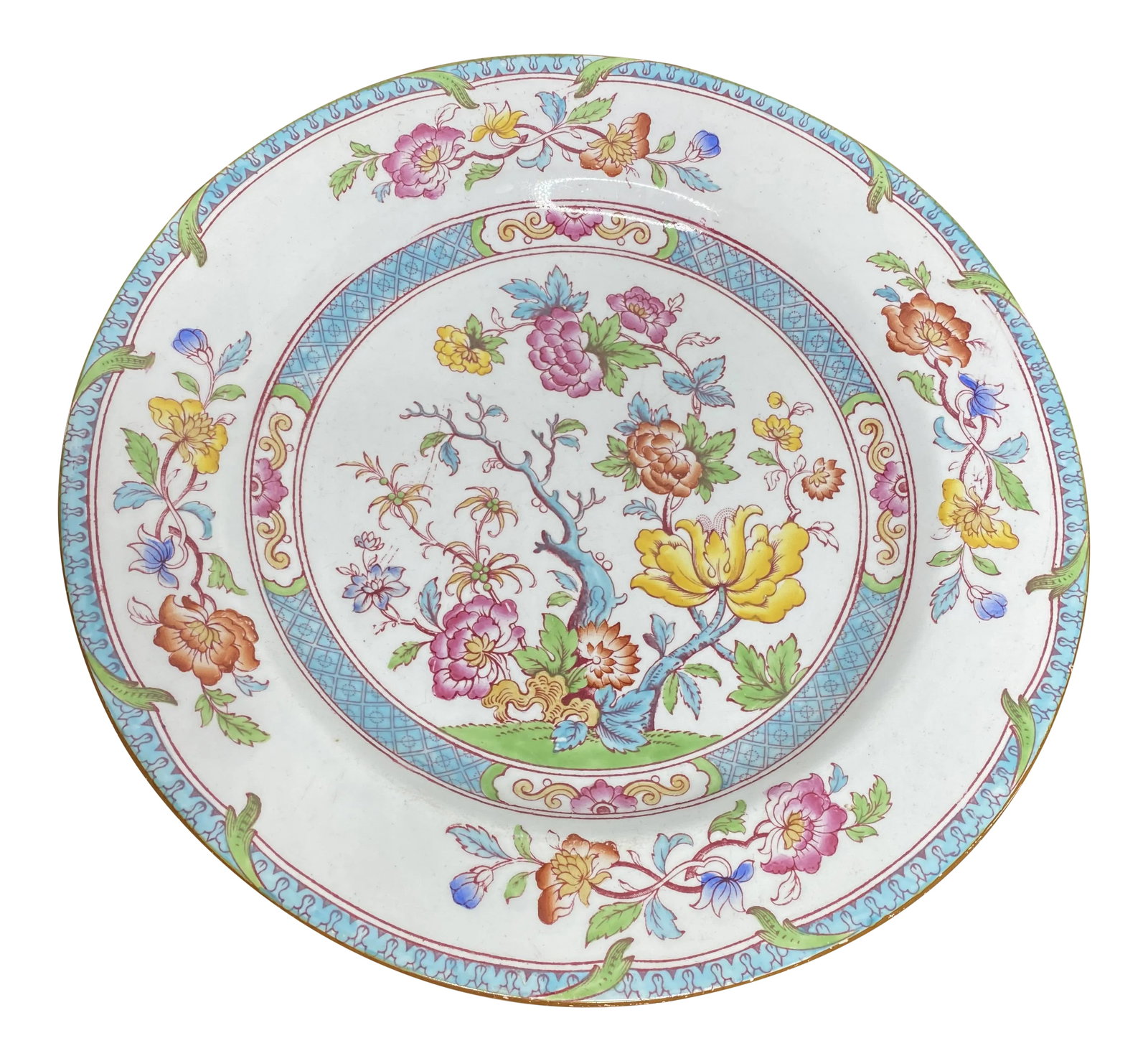 English Cauldon Dinner Plate: This lovely plate is one of Cauldon's most popular patterns, India Tree, but an unusual coloration with the turquoise borders. Condition: Alterations: Original Condition Unaltered Imperfections: Some 