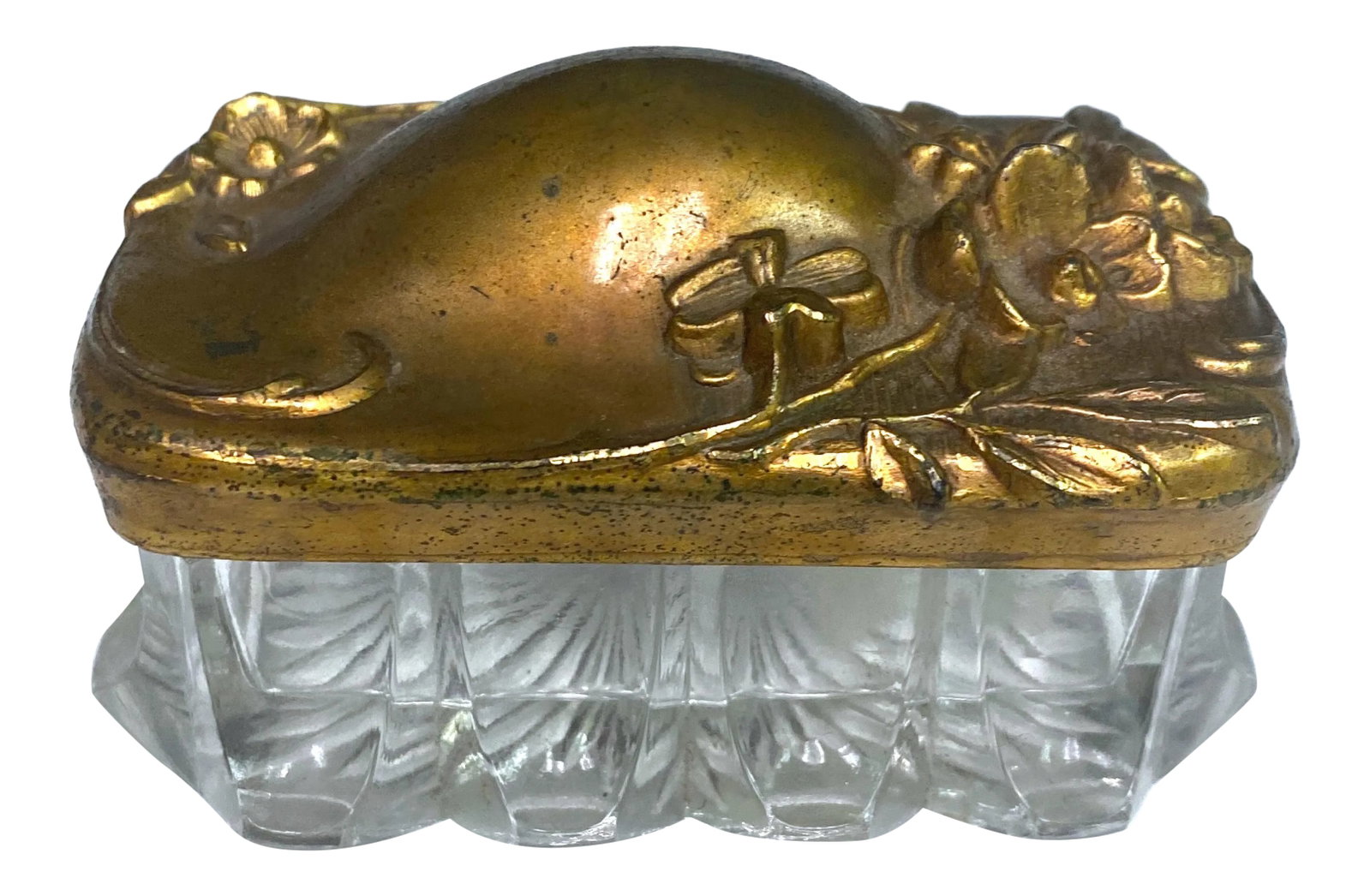 Vintage Art Nuevo Glass and Metal Vanity Box: This piece is from the early 20th century. The bottom is beautiful cut glass and the lid is a brass toned metal with a floral motif. Condition: Alterations: Original Condition Unaltered Imperfections: