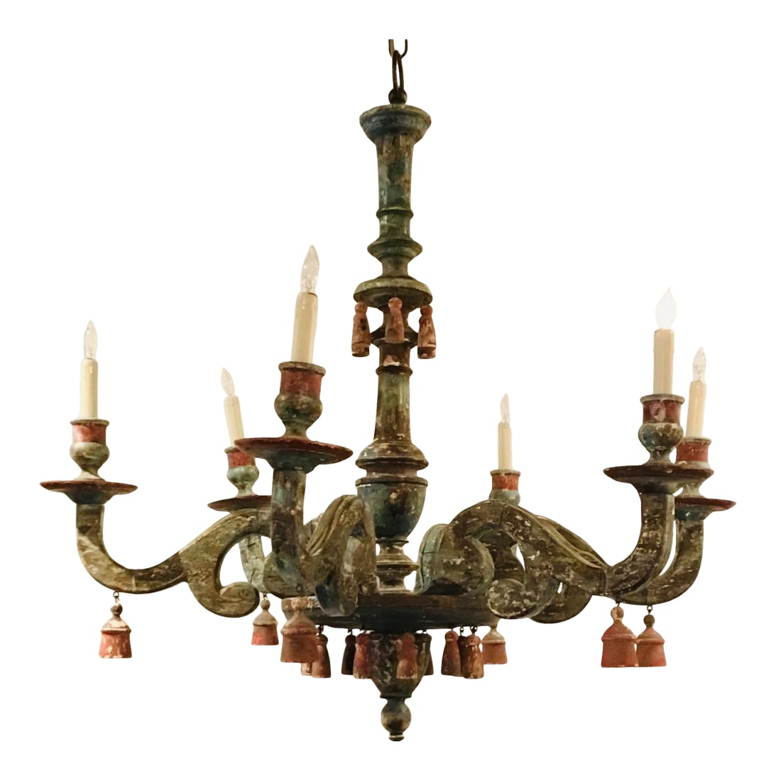 Antique Italian Neoclassical Carved Patina Gilt Wood Chandelier: Elegant Antique Italian Neoclassical Carved Patina Gilt Wood Chandelier, gorgeous patient wood, french wire, red wood tasseled, Circa early 1900's Condition: Alterations: Original Condition Unaltered 