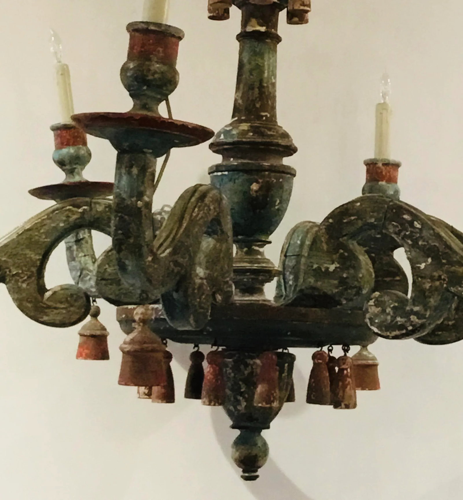 Antique Italian Neoclassical Carved Patina Gilt Wood Chandelier - 2