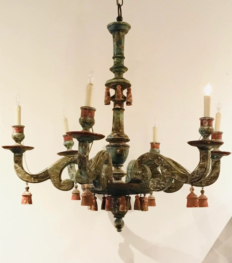 Antique Italian Neoclassical Carved Patina Gilt Wood Chandelier - 5