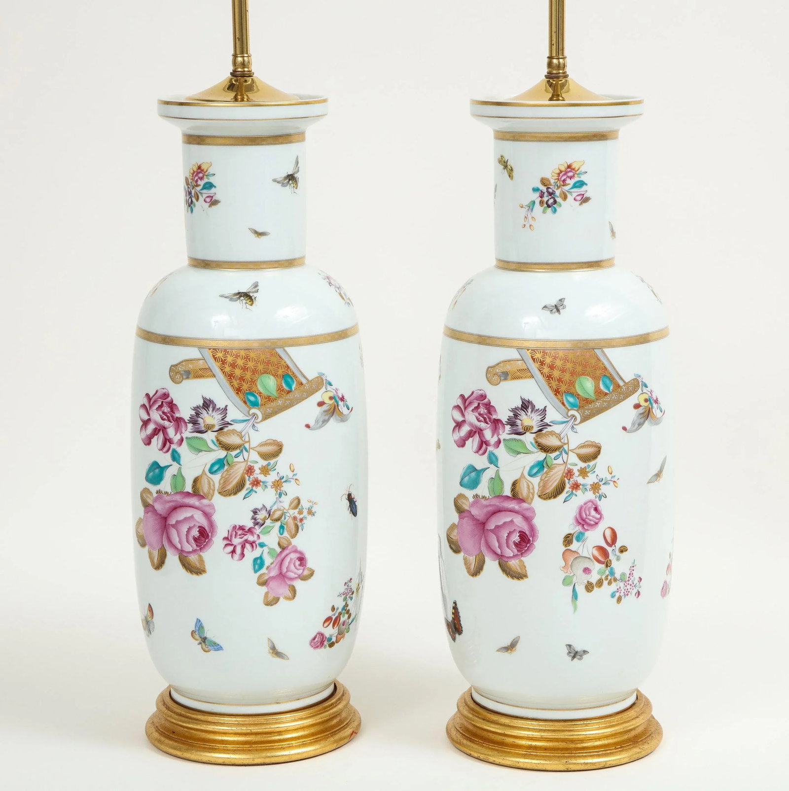 Porcelain Polychrome and Gilt Rouleau Vase Lamps - a Pair - 2