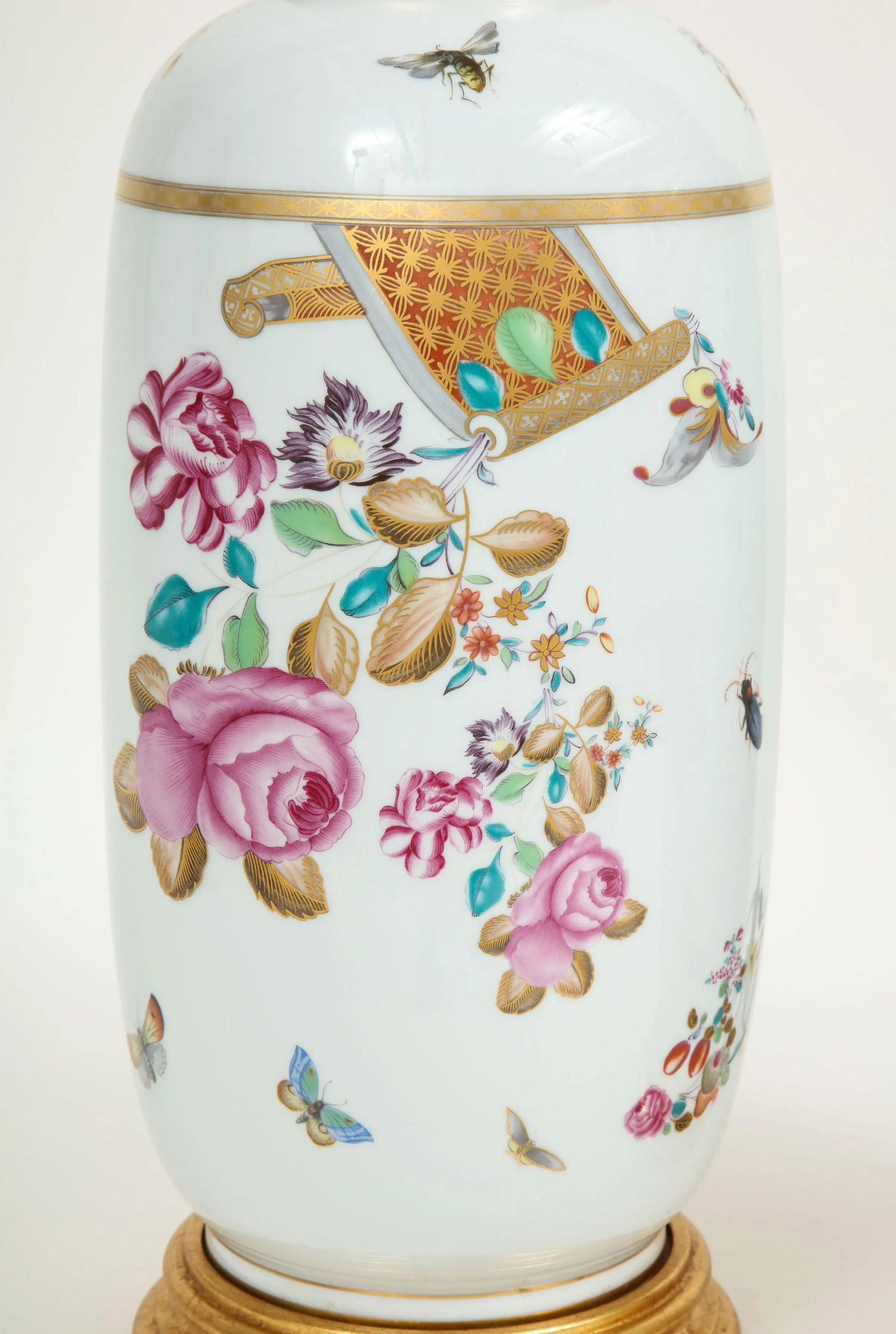 Porcelain Polychrome and Gilt Rouleau Vase Lamps - a Pair - 4