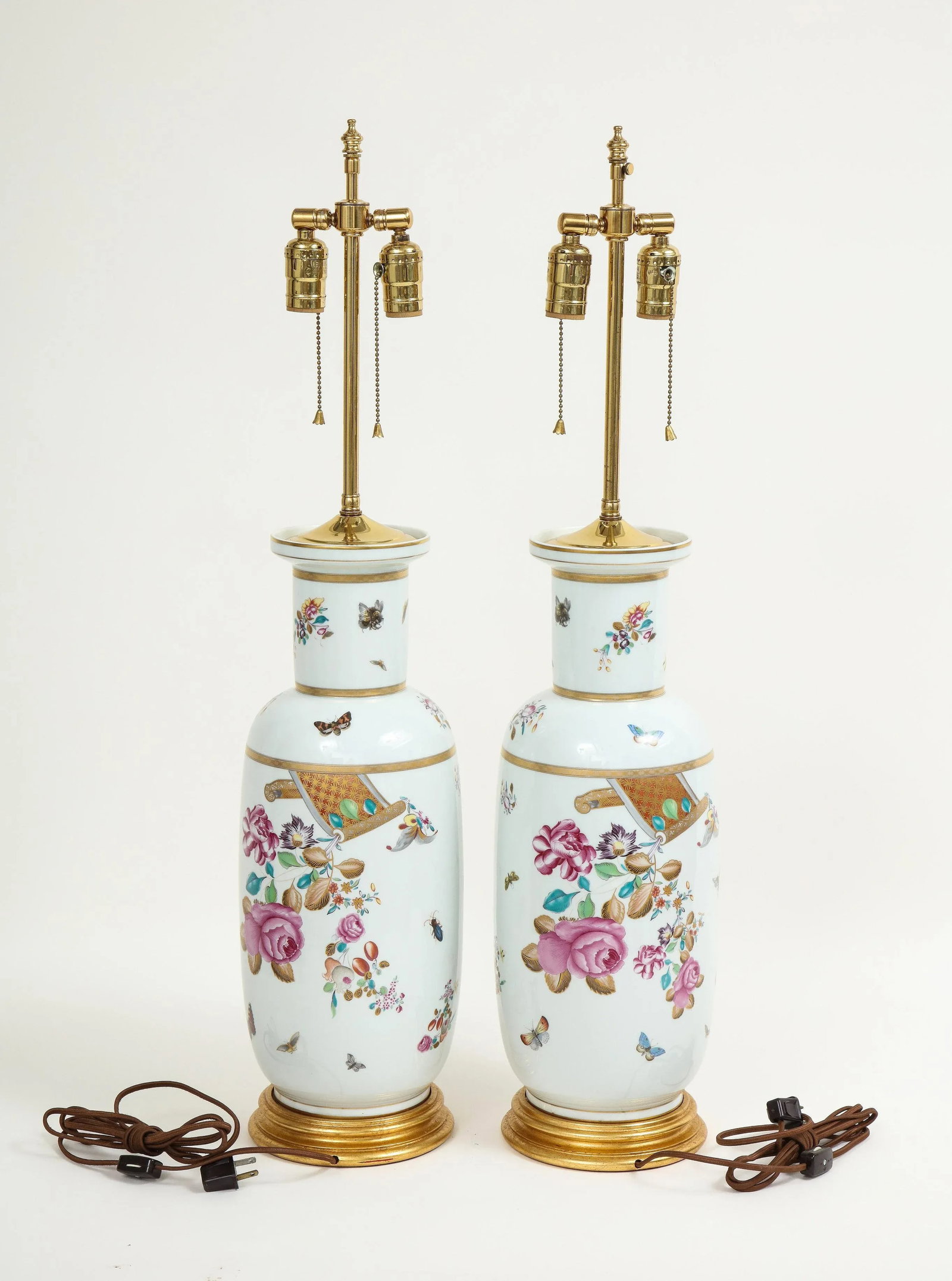 Porcelain Polychrome and Gilt Rouleau Vase Lamps - a Pair - 7